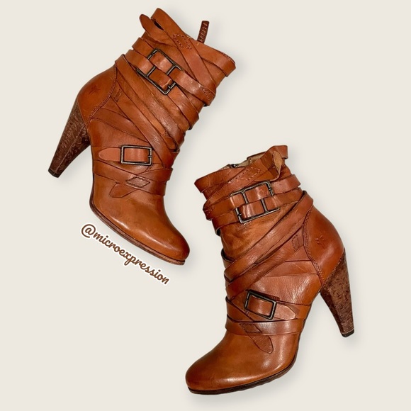 $369 Frye Mikaela Strappy Cognac Distressed Leather Zip Up Career Ankle Bootie - Picture 11 of 11